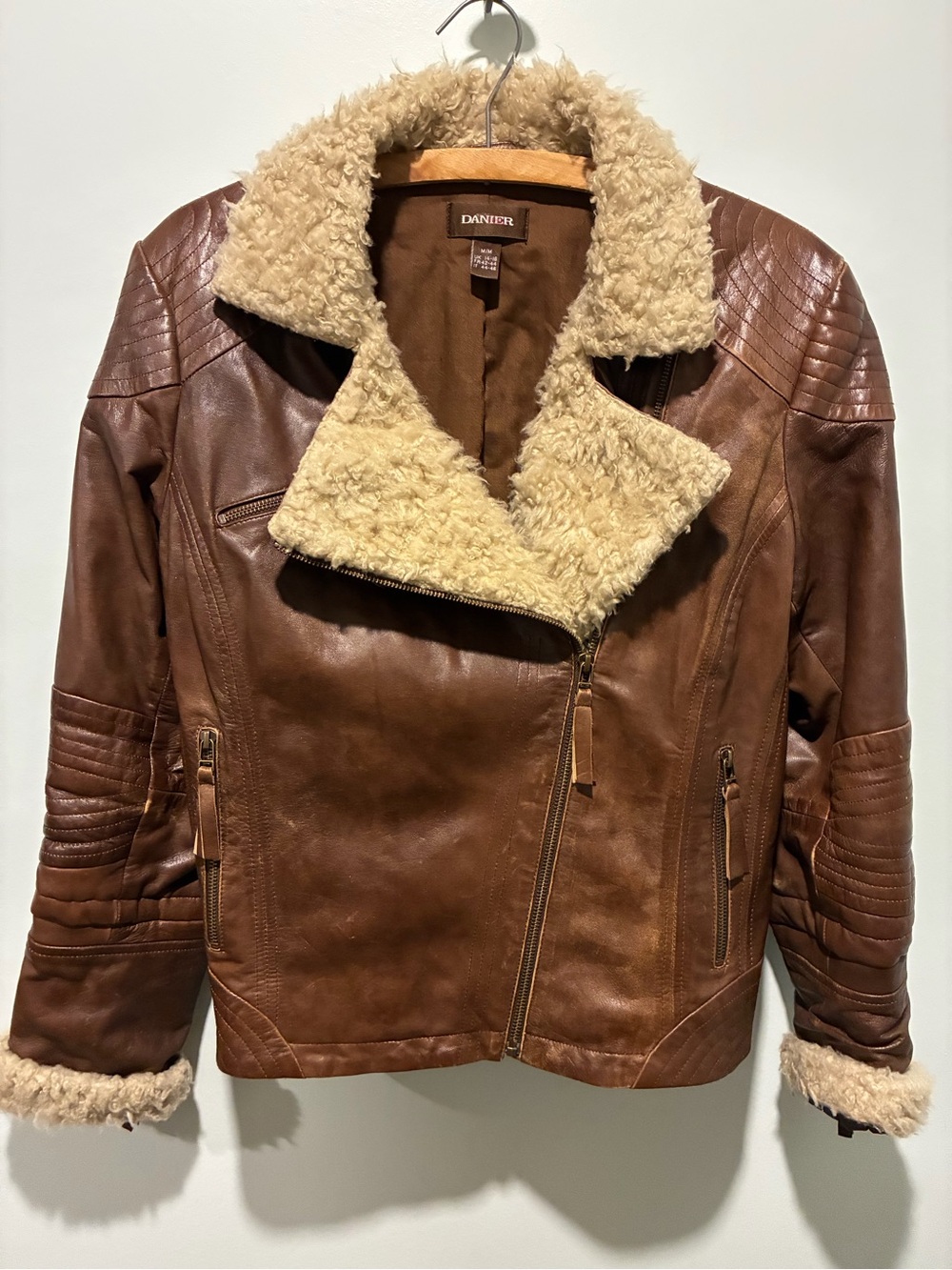 Danier Brown Leather Moto Jacket with Cream Faux Shearling Size Medium